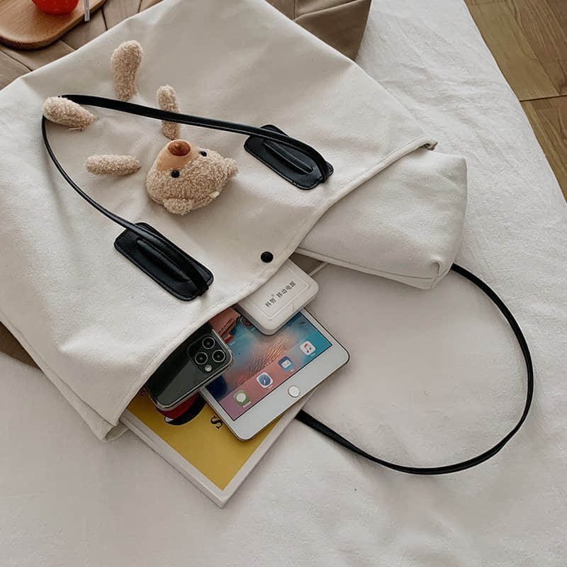 Cute bear large capacity canvas bag women's tote bag  | IFAUN