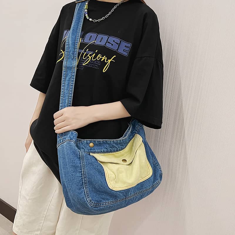 Contrast Denim Messenger Bag