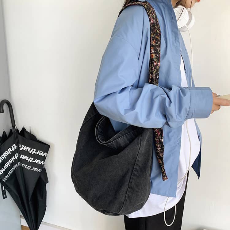 Floral Strap Denim Crossbody Bag