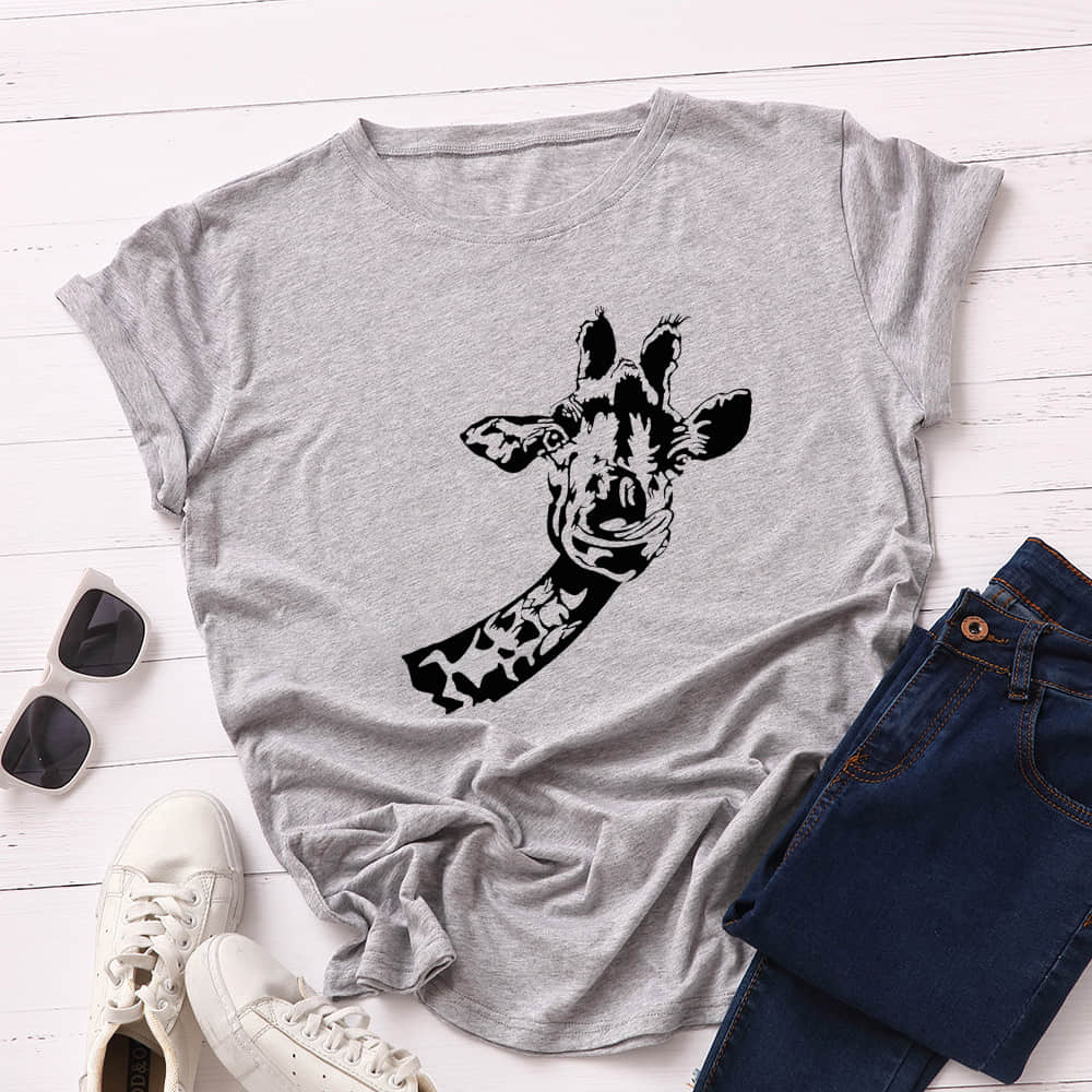 Women's loose creative deer head round neck short sleeve t-shirt LightGray / 3XL | IFAUN