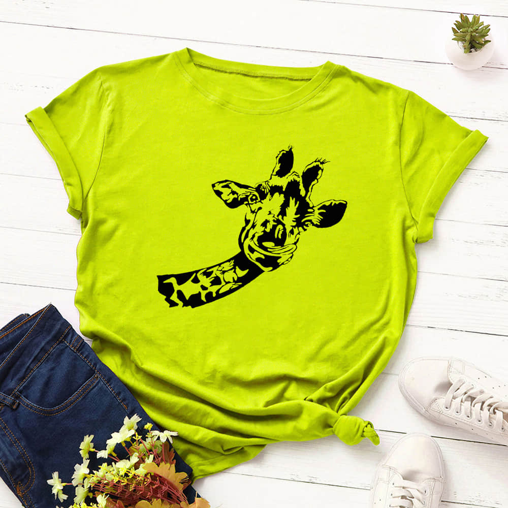 Women's loose creative deer head round neck short sleeve t-shirt YellowGreen / 3XL | IFAUN