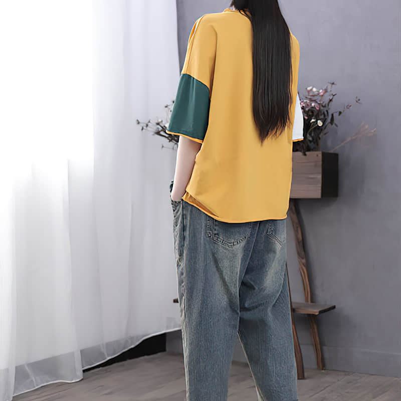 Cotton short-sleeved T-shirt summer plus size stitching top women  | IFAUN