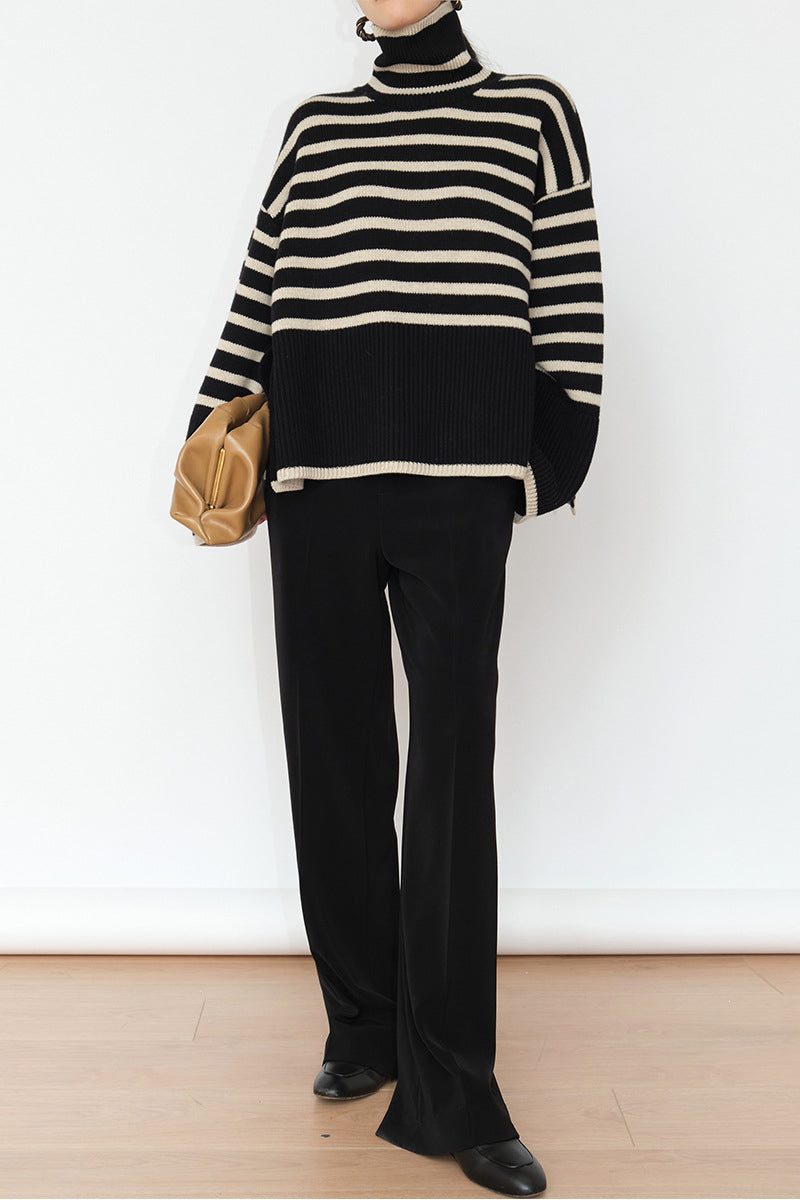 Stripe loose pullover turtleneck sweater - Acrylic
