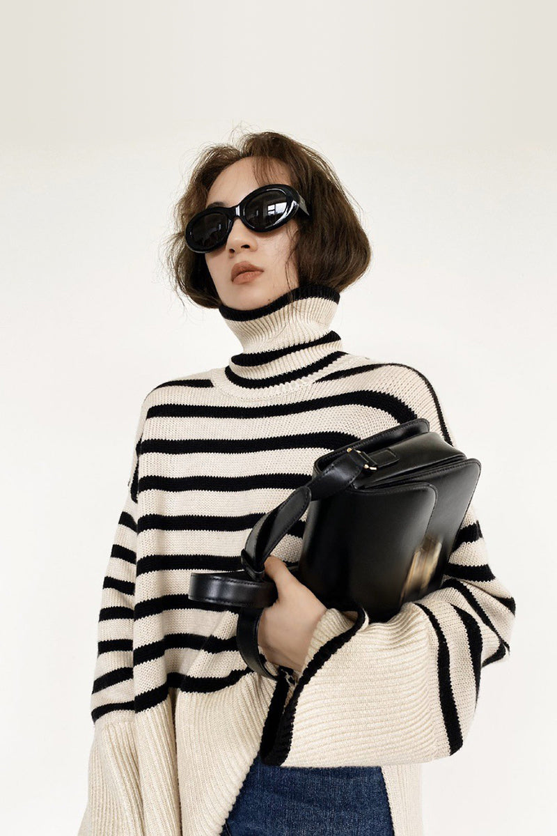 Stripe loose pullover turtleneck sweater - Wool Blend