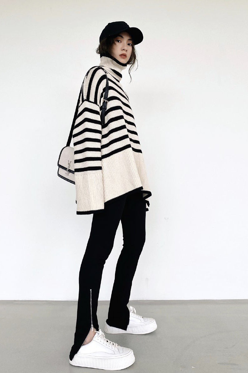 Stripe loose pullover turtleneck sweater - Acrylic