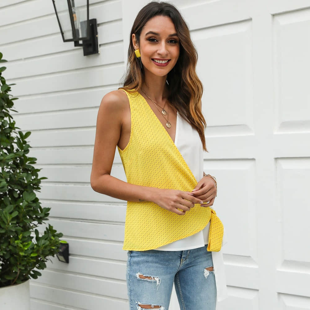 Women's two-tone stitching bow camisole T-shirt  | IFAUN