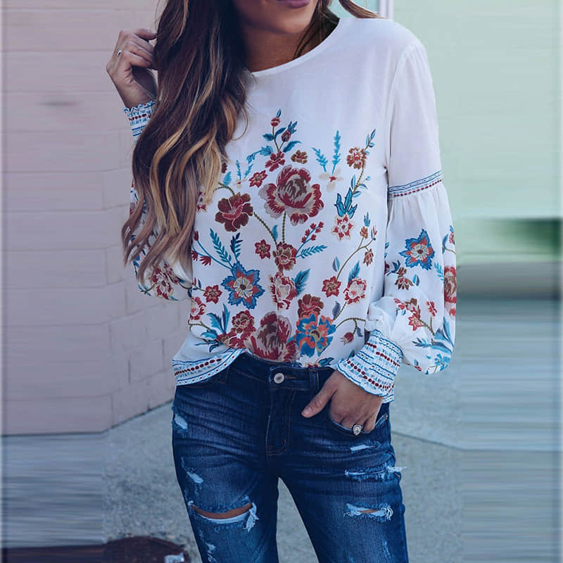 Loose chiffon shirt women's plus size round neck pullover long sleeve top LightBlue / 2XL | IFAUN