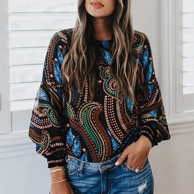 Loose chiffon shirt women's plus size round neck pullover long sleeve top Black / 2XL | IFAUN