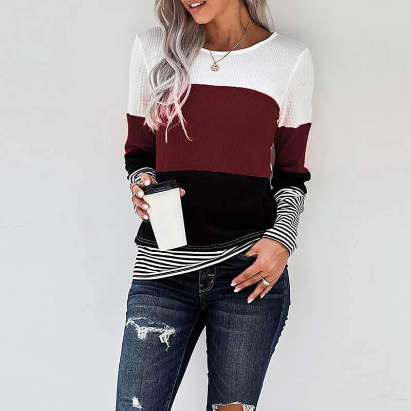 Spring womens stitching long-sleeved top casual T-shirt  | IFAUN