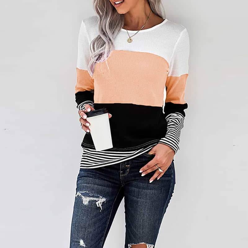 Spring womens stitching long-sleeved top casual T-shirt  | IFAUN
