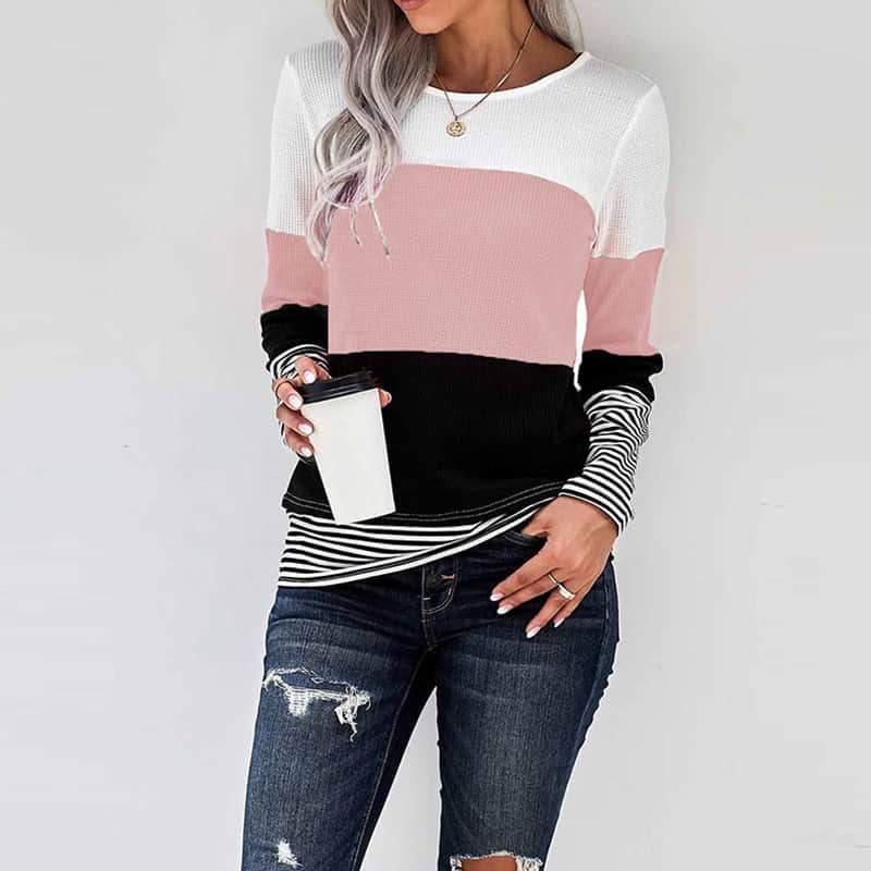 Spring womens stitching long-sleeved top casual T-shirt  | IFAUN