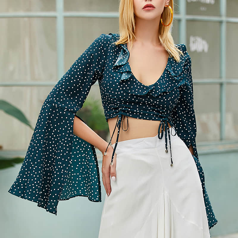 Fashion retro polka dot chiffon long sleeve top Green / 2XL | IFAUN