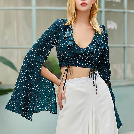 Fashion retro polka dot chiffon long sleeve top Green / 2XL | IFAUN