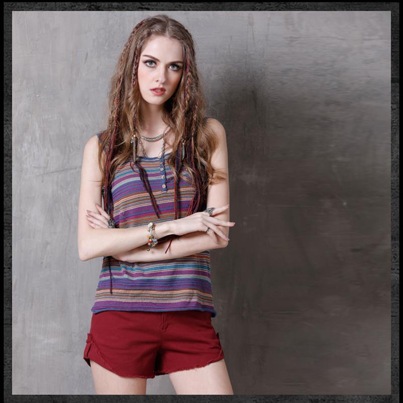 All-match stripe fashion sweater retro vest cotton and linen T-shirt  | IFAUN