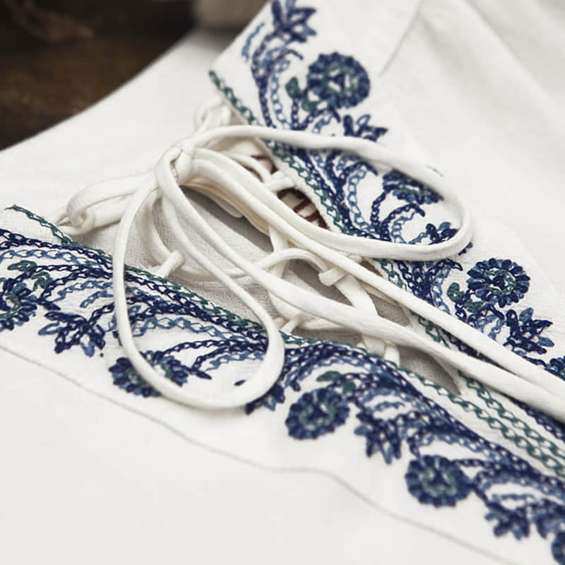 Half-open collar cotton and linen embroidered long-sleeved shirt  | IFAUN
