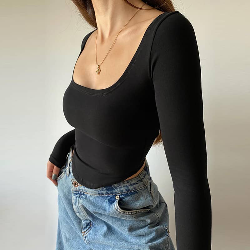 Knitted square neck long sleeve t-shirt