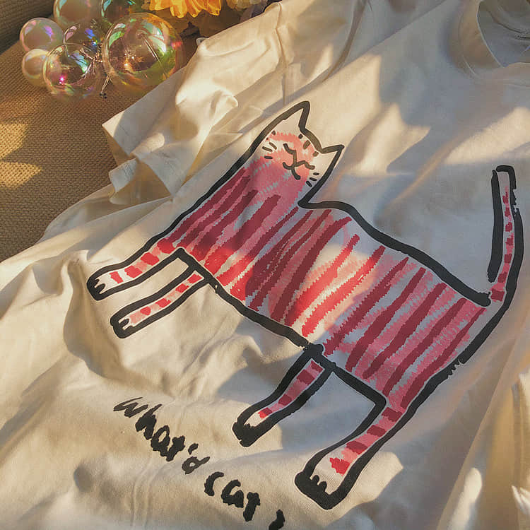 Kitty fun print short-sleeved loves T-shirt White / L | IFAUN