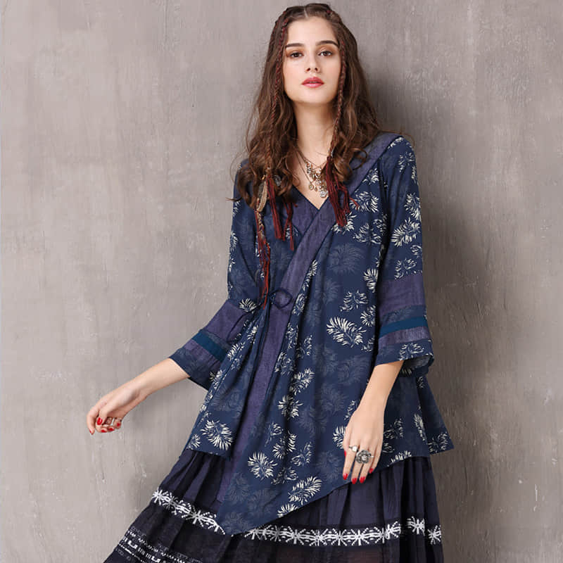 Women's loose blouse retro irregular V-neck sleeve shirt  | IFAUN