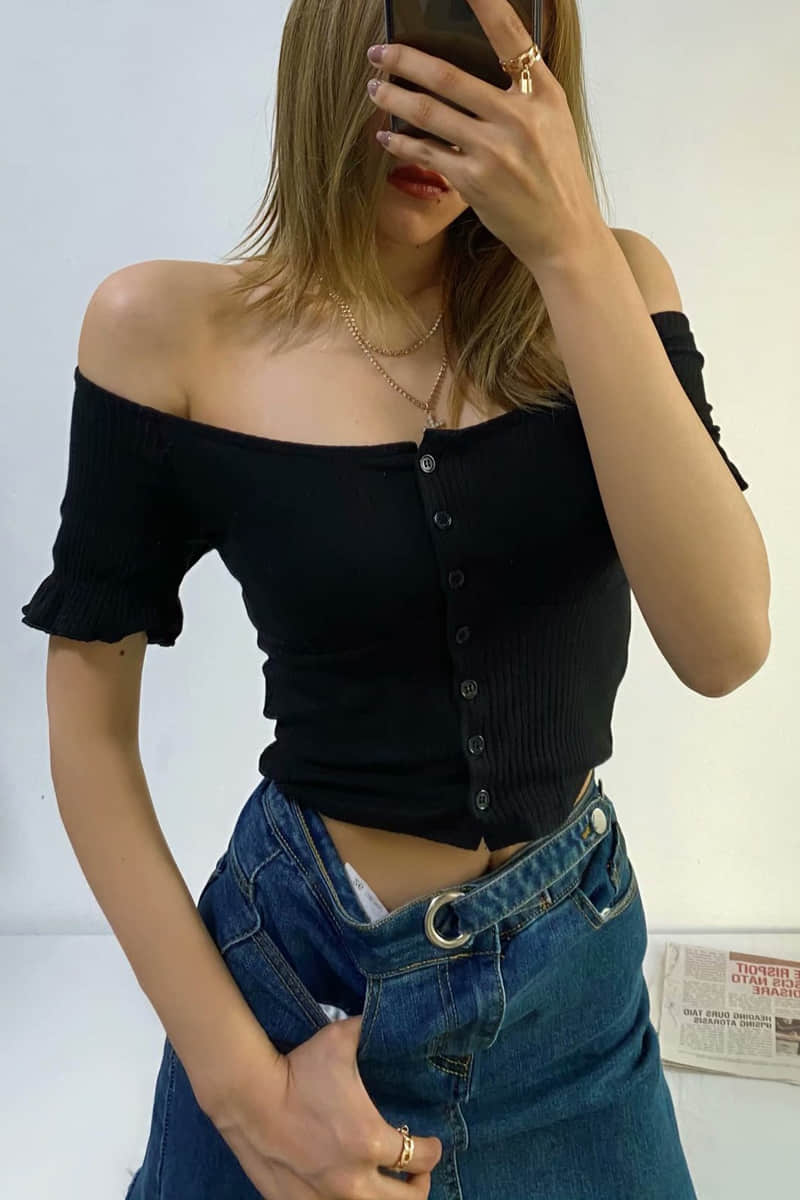 Women's round neck stitching short-sleeved T-shirt Black / S | IFAUN