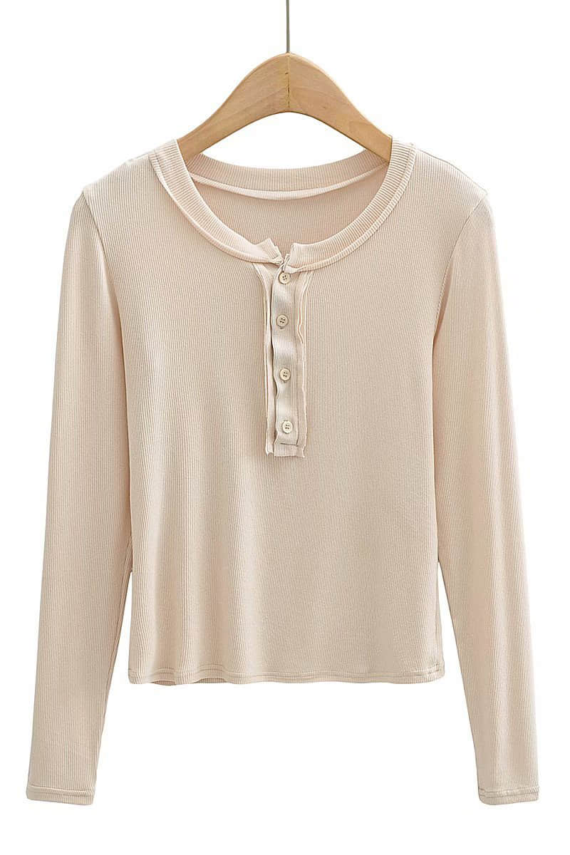 Slim round neck button bottoming shirt long-sleeved T-shirt top Cornsilk / M | IFAUN