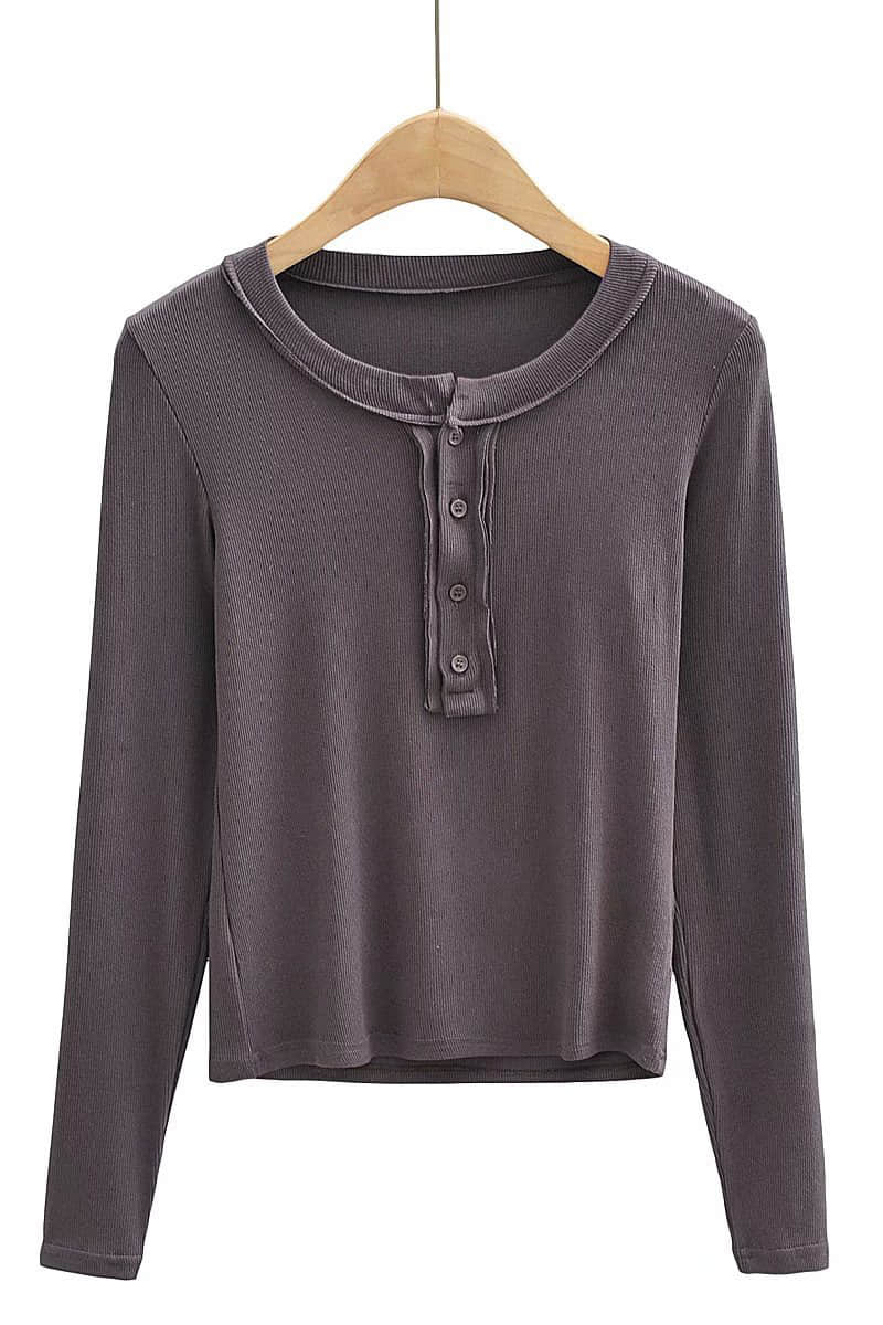 Slim round neck button bottoming shirt long-sleeved T-shirt top RosyBrown / M | IFAUN