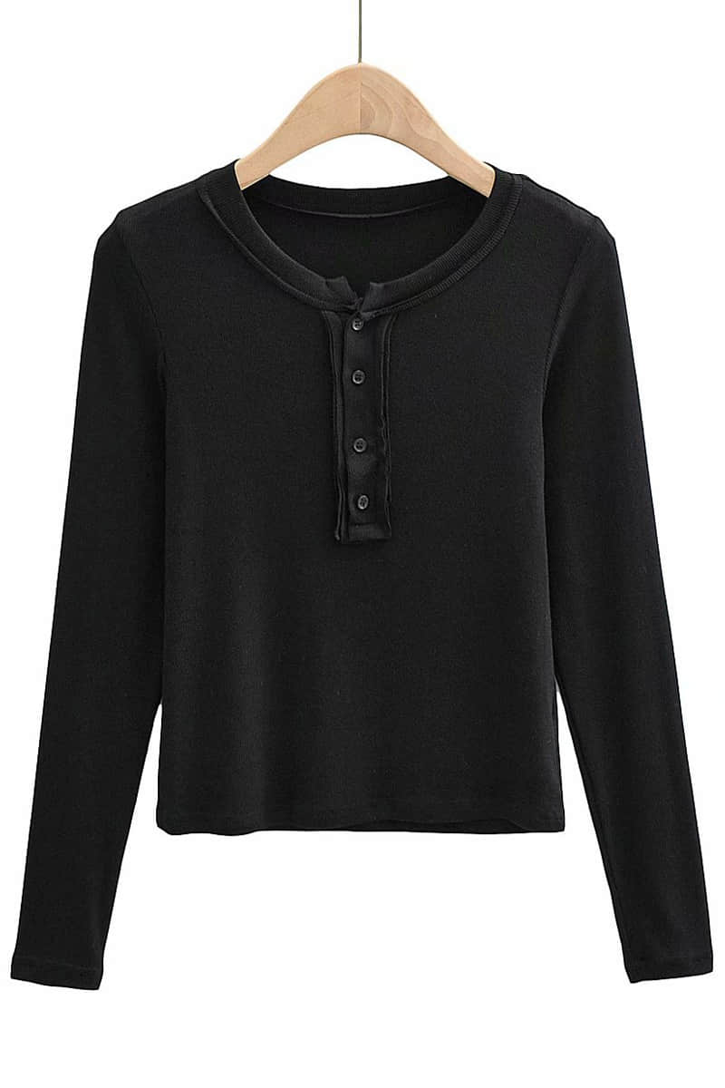 Slim round neck button bottoming shirt long-sleeved T-shirt top Black / M | IFAUN