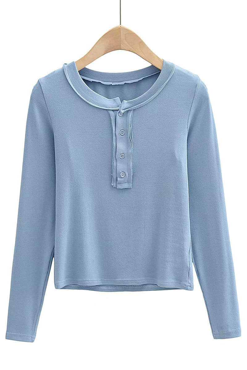 Slim round neck button bottoming shirt long-sleeved T-shirt top LightSkyBlue / S | IFAUN