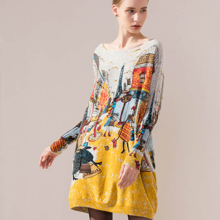 Plus size women's bat sleeve printed sweater One size / LightGray | IFAUN