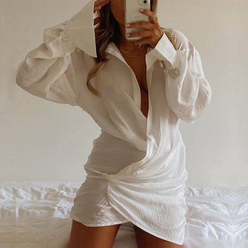 Long sleeve white sexy deep V linen shirt White / L | IFAUN
