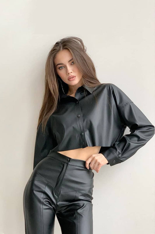 PU cropped long-sleeved shirt