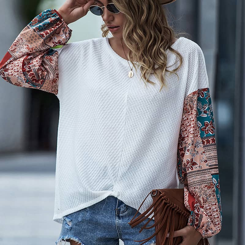 Printed stitching round neck long-sleeved T-shirt White / S | IFAUN