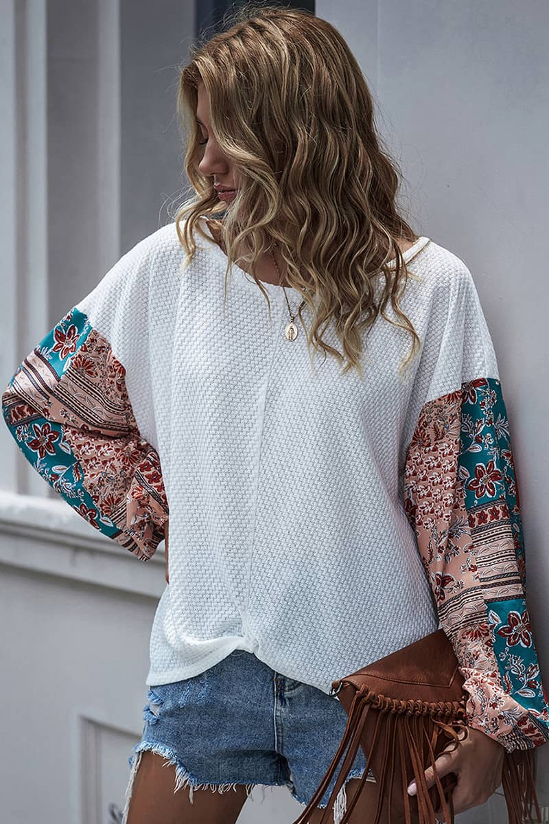 Printed stitching round neck long-sleeved T-shirt  | IFAUN