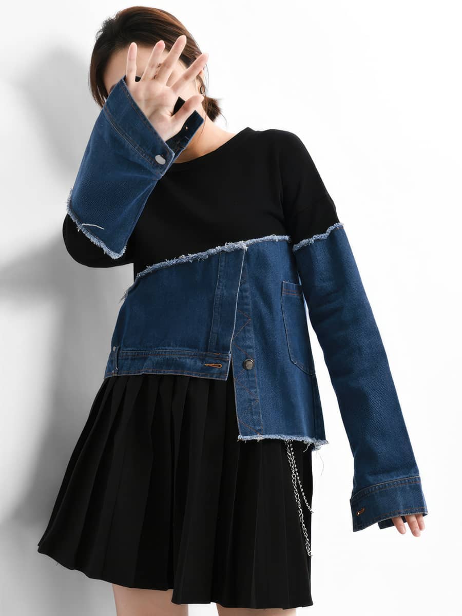 Asymmetric Denim Contrasting Track Top