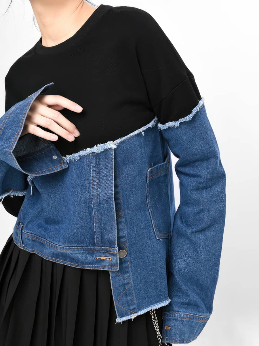 Asymmetric Denim Contrasting Track Top