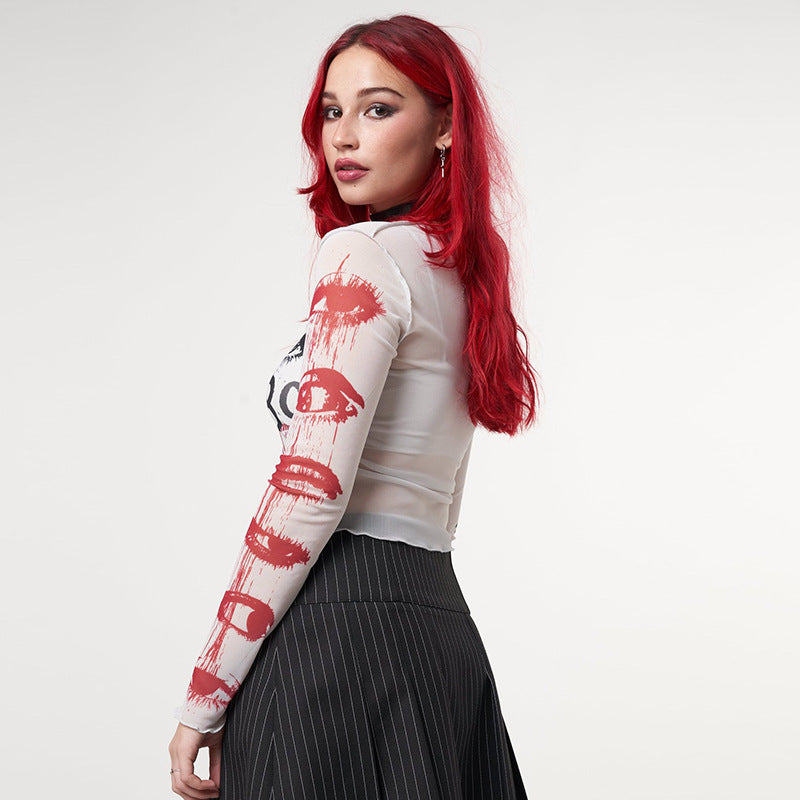 Mesh printed navel exposed casual long-sleeved T-shirt