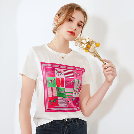 Silk Printed Short Sleeve T-shirt Women's Top A / 2XL | IFAUN