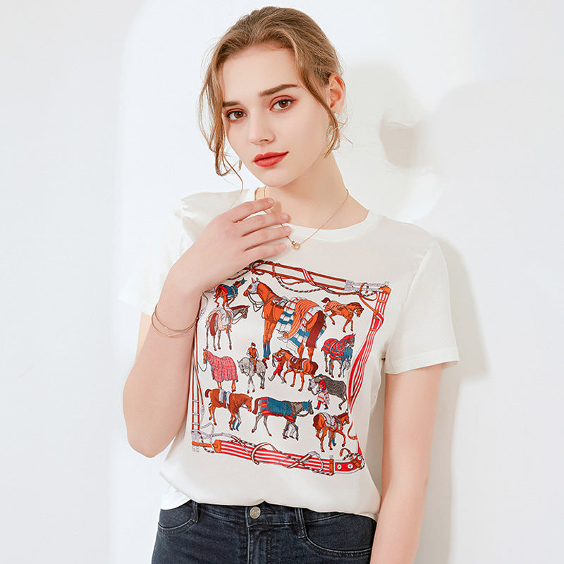 Silk Printed Short Sleeve T-shirt Women's Top B / 2XL | IFAUN