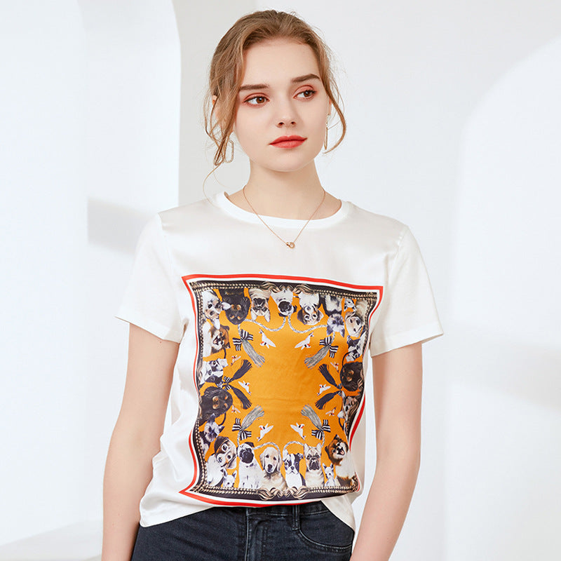 Silk Printed Short Sleeve T-shirt Women's Top C / 2XL | IFAUN