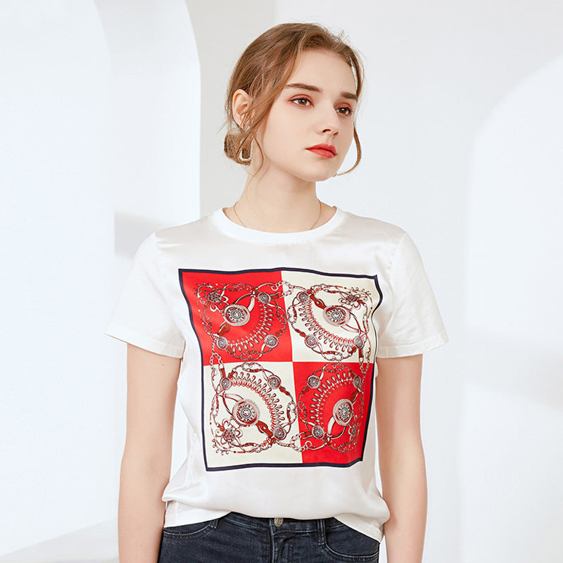 Silk Printed Short Sleeve T-shirt Women's Top D / 2XL | IFAUN