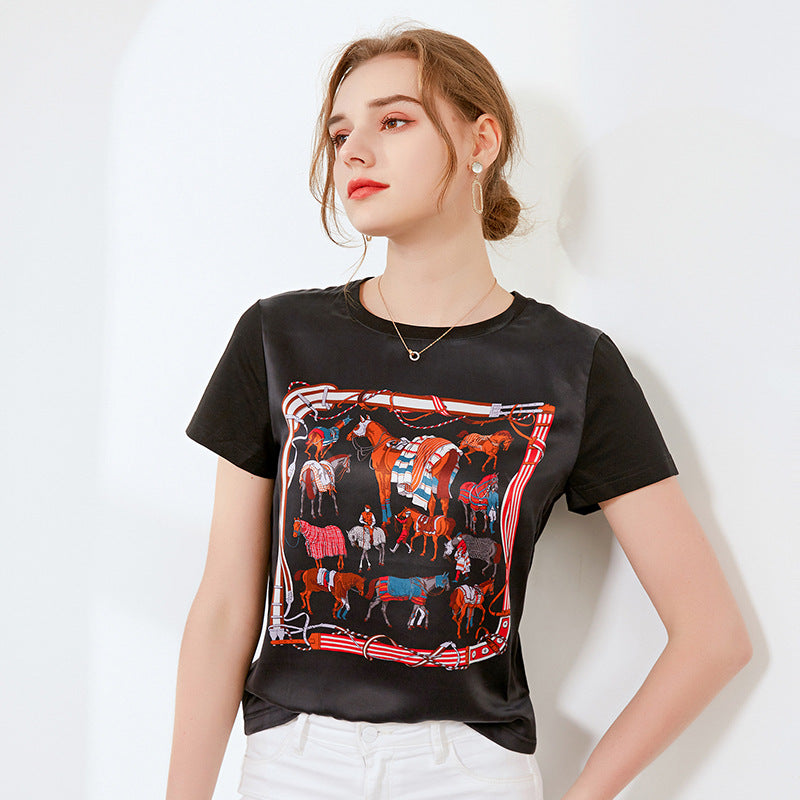 Silk Printed Short Sleeve T-shirt Women's Top – IFAUN