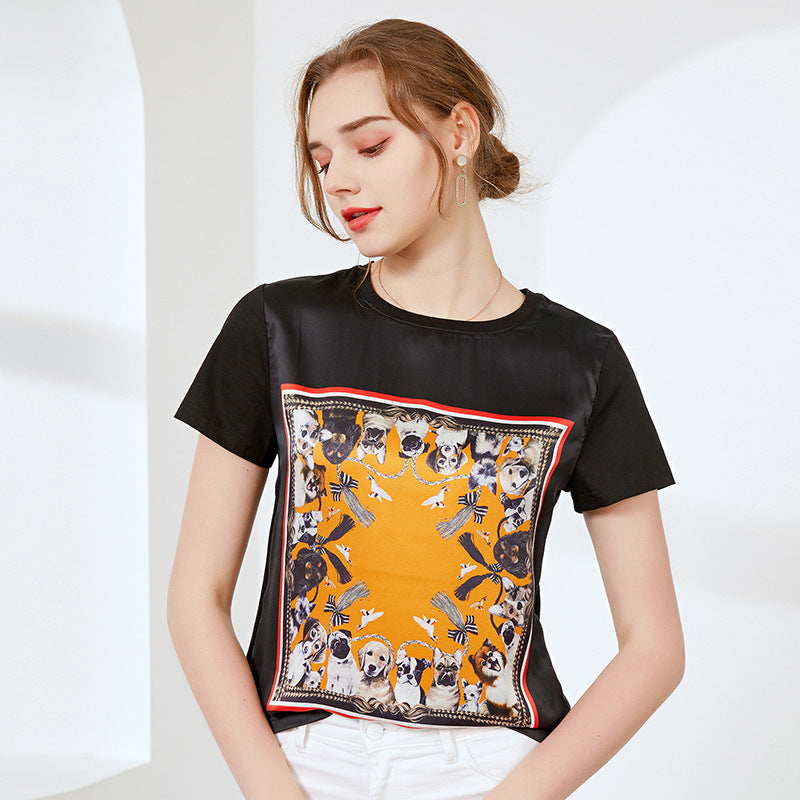 Silk Printed Short Sleeve T-shirt Women's Top C / 2XL | IFAUN