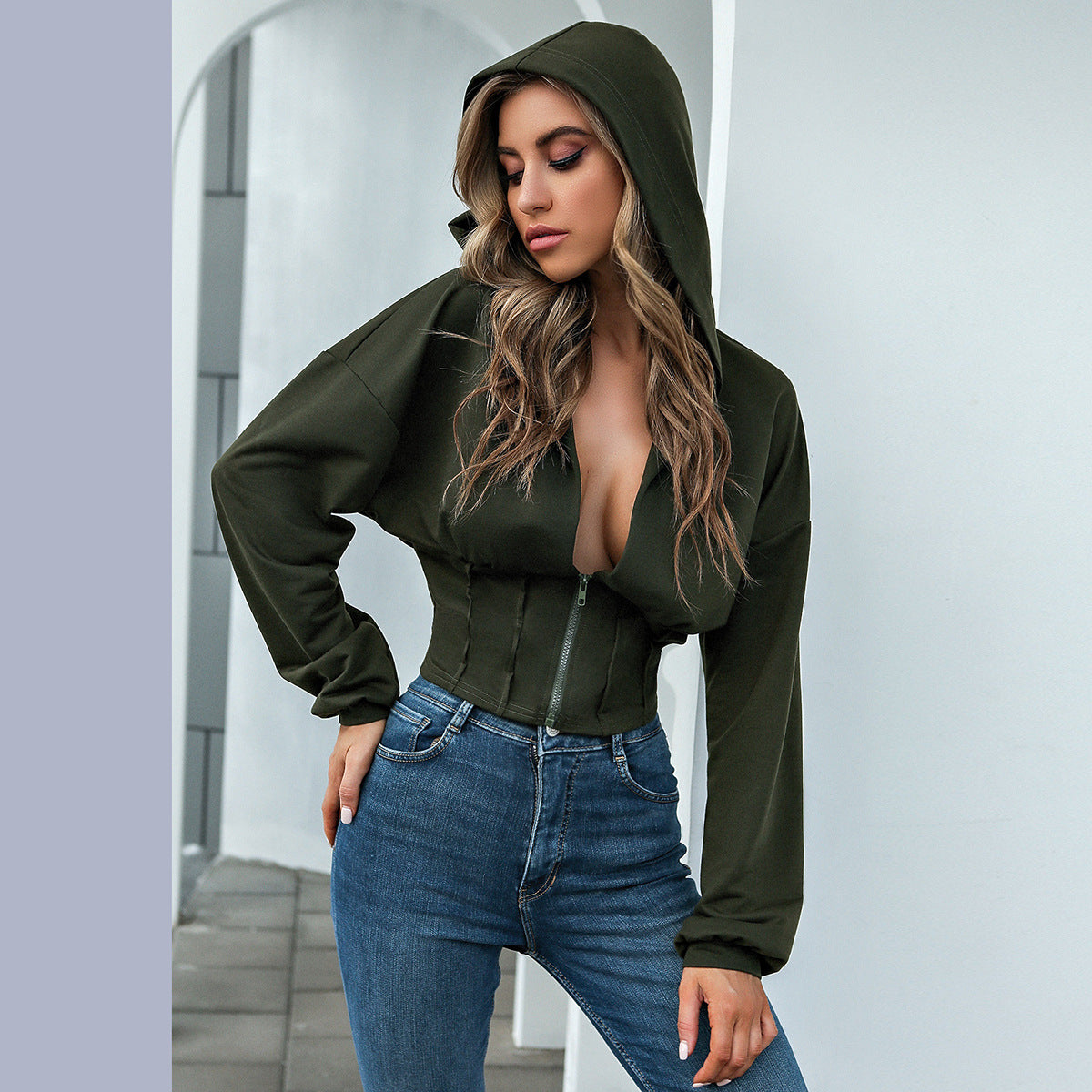 Hooded sexy V-neck long-sleeved top waist zipper jacket DarkOliveGreen / L | IFAUN