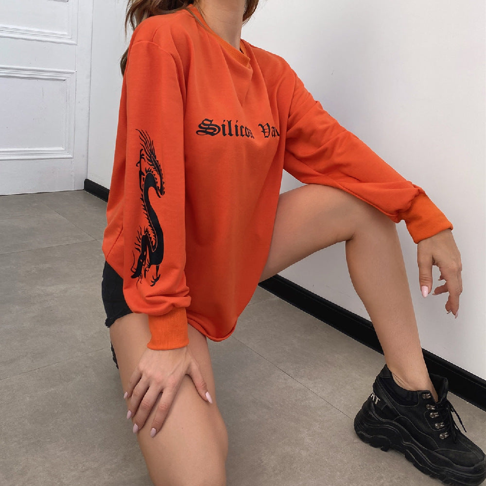 Letter Print Pullover Loose Round Neck Long Sleeve T-Shirt Women  | IFAUN