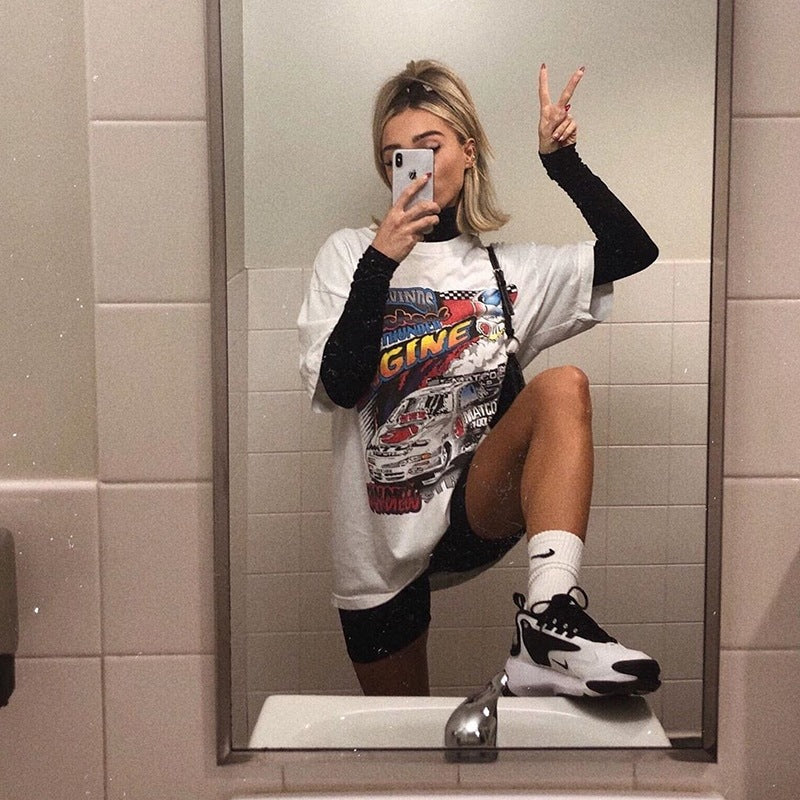 Retro short-sleeve racing print loose t-shirt women White / L | IFAUN