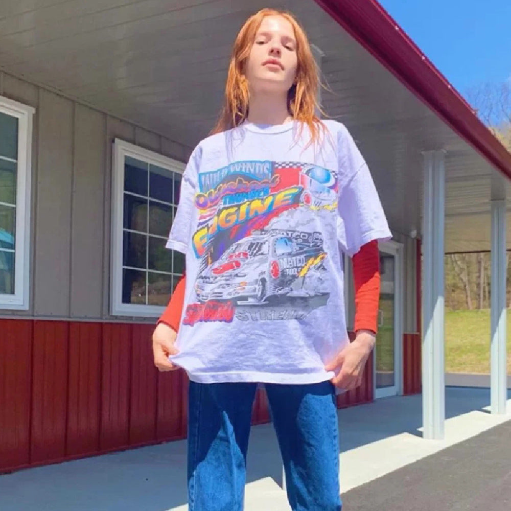 Retro short-sleeve racing print loose t-shirt women  | IFAUN