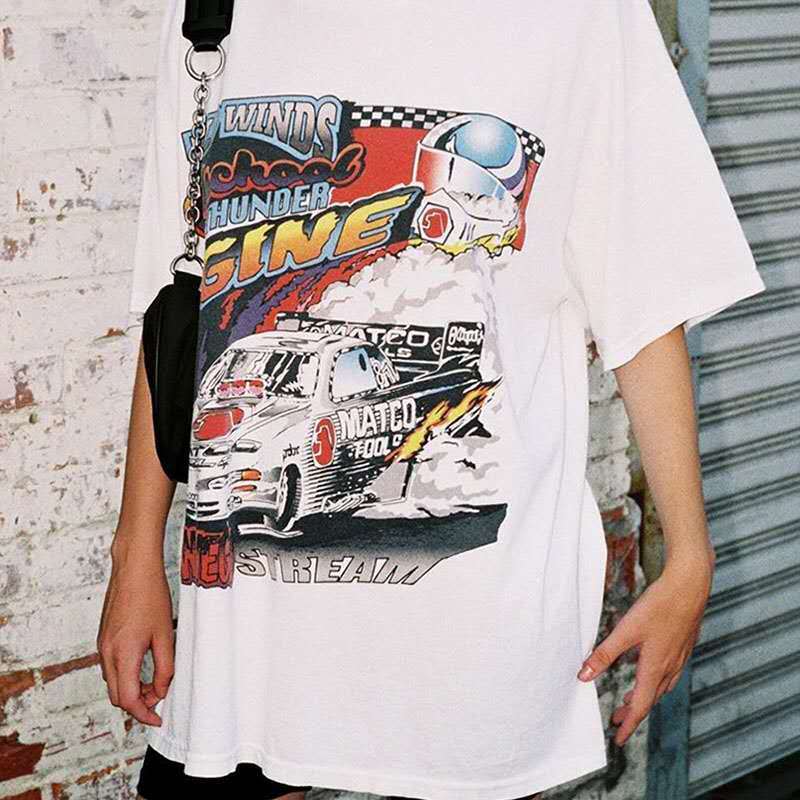 Retro short-sleeve racing print loose t-shirt women  | IFAUN