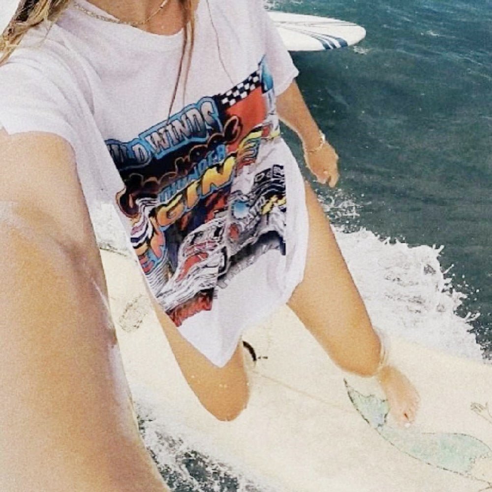 Retro short-sleeve racing print loose t-shirt women  | IFAUN