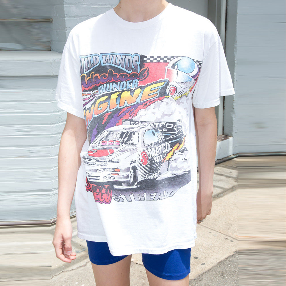 Retro short-sleeve racing print loose t-shirt women  | IFAUN