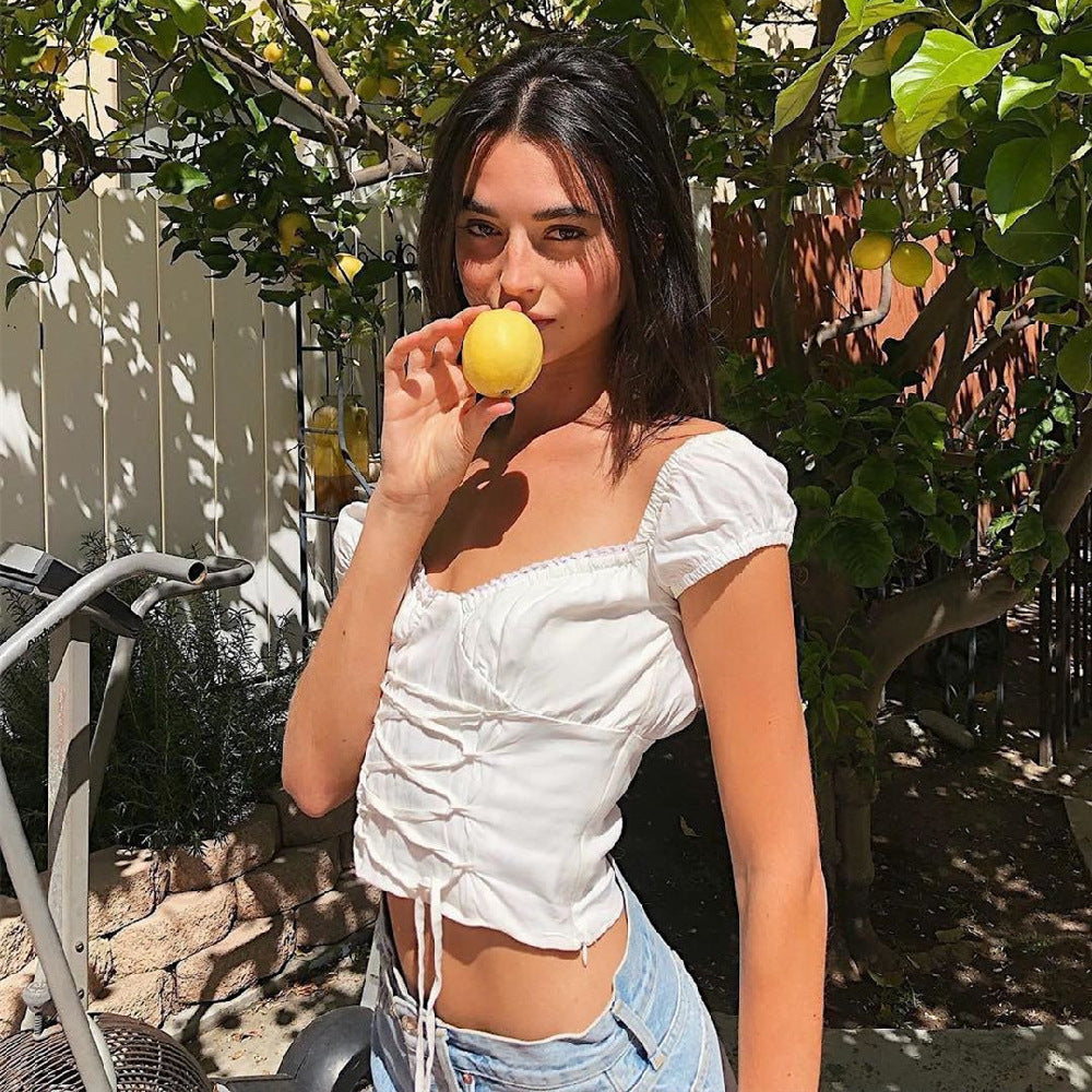 Women's sexy square neck T-shirt with umbilical strap top  | IFAUN