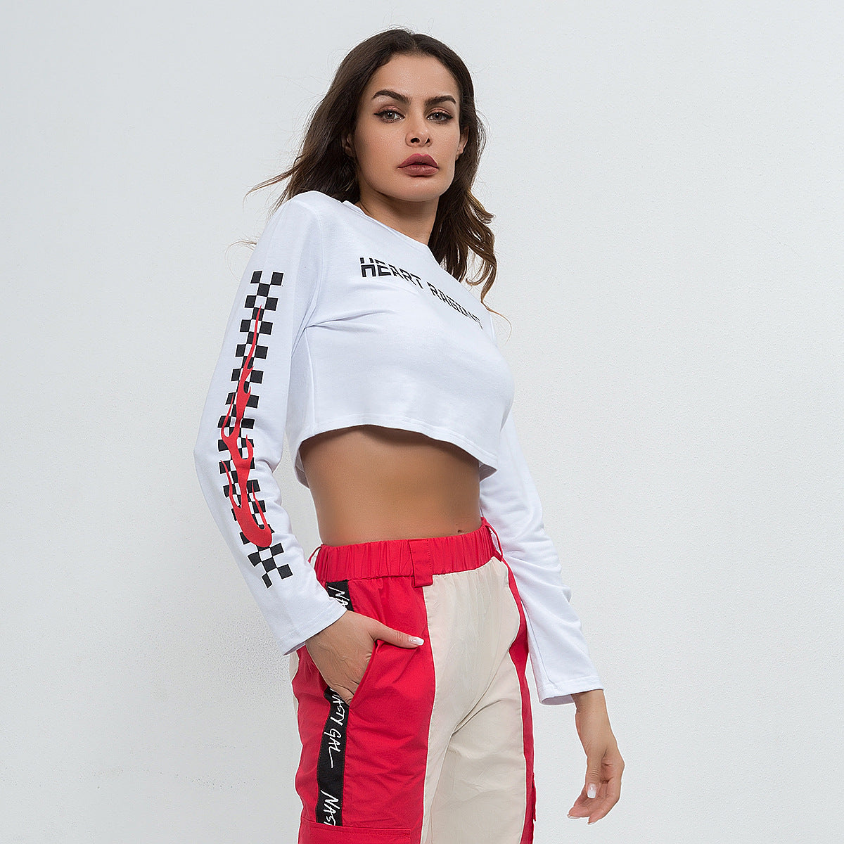 Navel-baring long-sleeved black and white flame sexy trendy T-shirt White / L | IFAUN